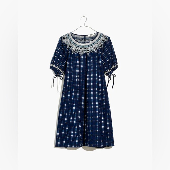 Madewell Embroidered Puff-Sleeve Babydoll Dress in Indigo Plaid Sz M - Picture 3 of 11